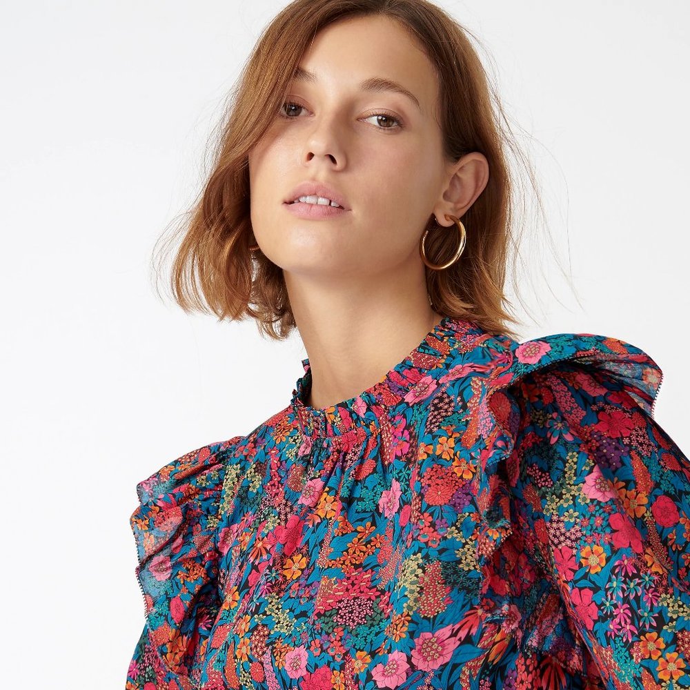 J. Crew Liberty Ciara Ruffleneck Flutter Sleeve Floral Top Pleated AR916 XS 0